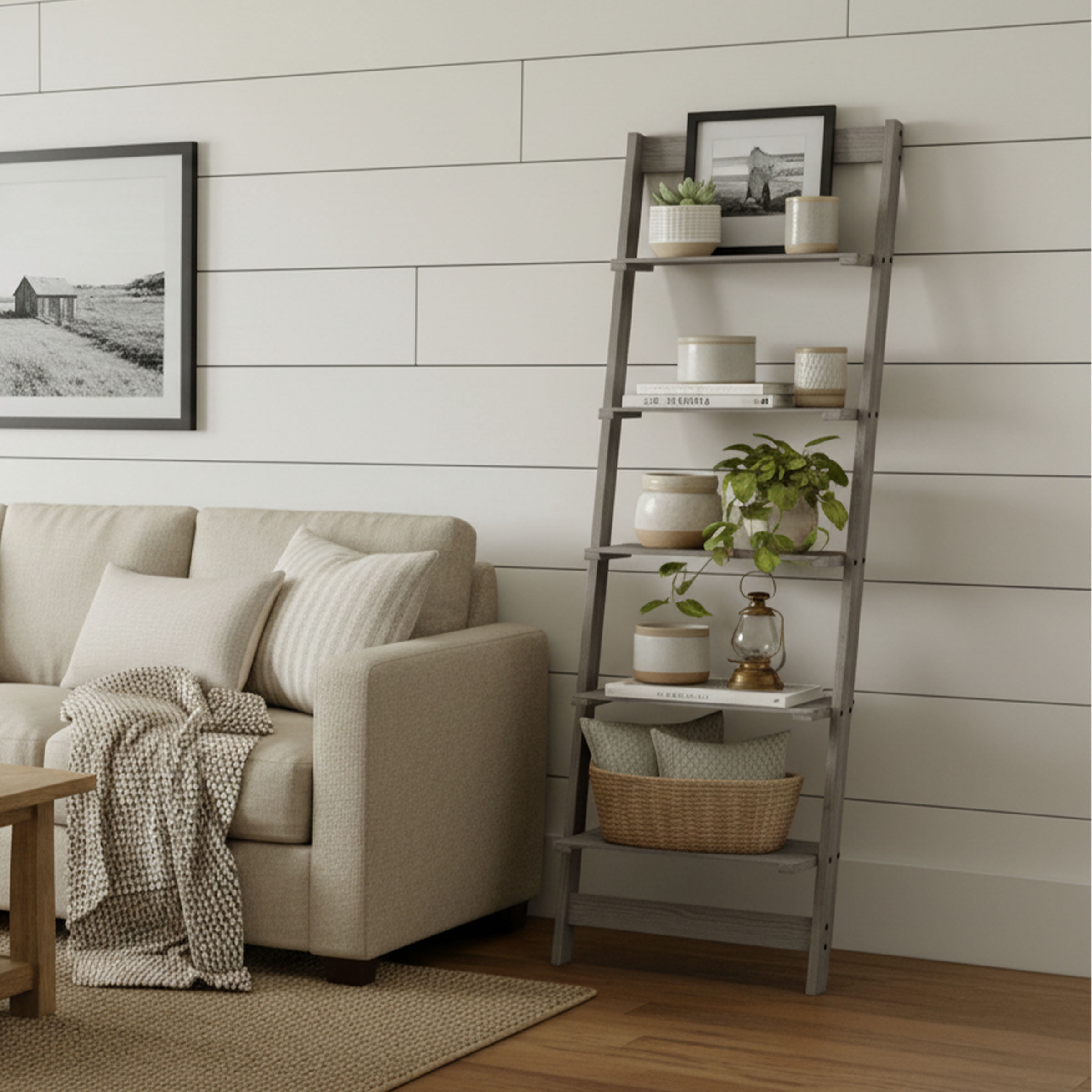 Lavish Home 5-Tier Slatted Wood Leaning Ladder Shelf for Narrow Storage, Wooden Bookcase for Living Room, Bathroom, Kitchen, Office or Bedroom, Gray Finish