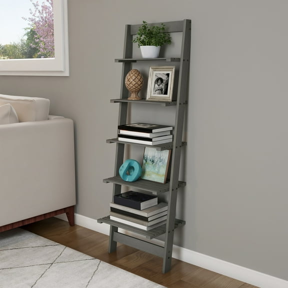 Lavish Home 5-Tier Slatted Wood Leaning Ladder Shelf for Narrow Storage, Wooden Bookcase for Living Room, Bathroom, Kitchen, Office or Bedroom, Gray Finish