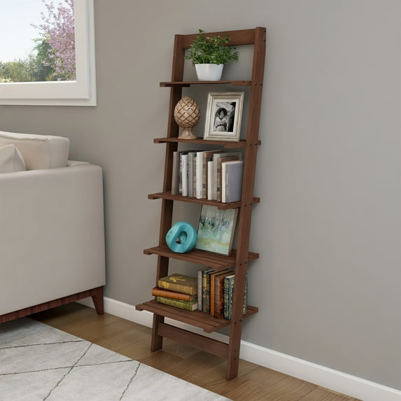 Lavish Home 5-Tier Slatted Wood Leaning Ladder Shelf for Narrow Storage, Wooden Bookcase for Living Room, Bathroom, Kitchen, Office or Bedroom in Walnut Finish