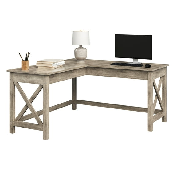 Lavish Home 59" L-Shaped Farmhouse Style Desk for Home Office in Light Gray Oak Finish