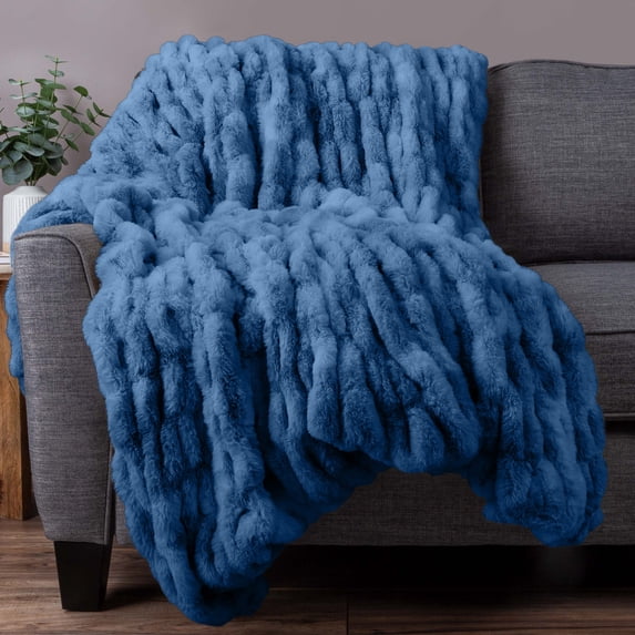 Lavish Home 60x80-Inch Ruched Faux Fur Blanket for Sofas and Beds (Blue)