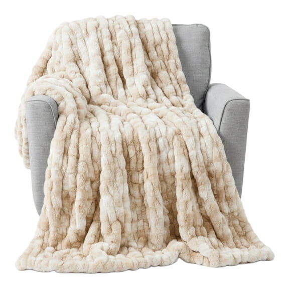 Lavish Home 60x80 Ruched Jacquard Faux Fur Blanket for Sofa and Bed, Cream