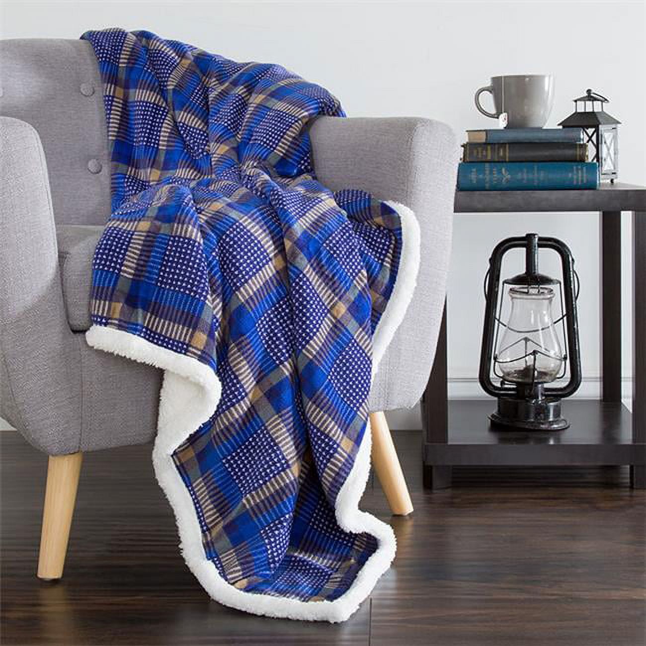Blue and Yellow Plaid Fleece Sherpa Reversible Throw Blanket