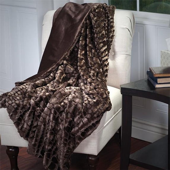 Lavish Home 61-71-BR Plush Croc Embossed Faux Fur Mink Throw, Brown