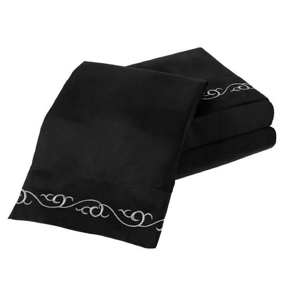 Lavish Home 61-91-F-BL Embroidered Brushed Microfiber Sheet Set by Lavish Home, Black - Full - 4 Piece