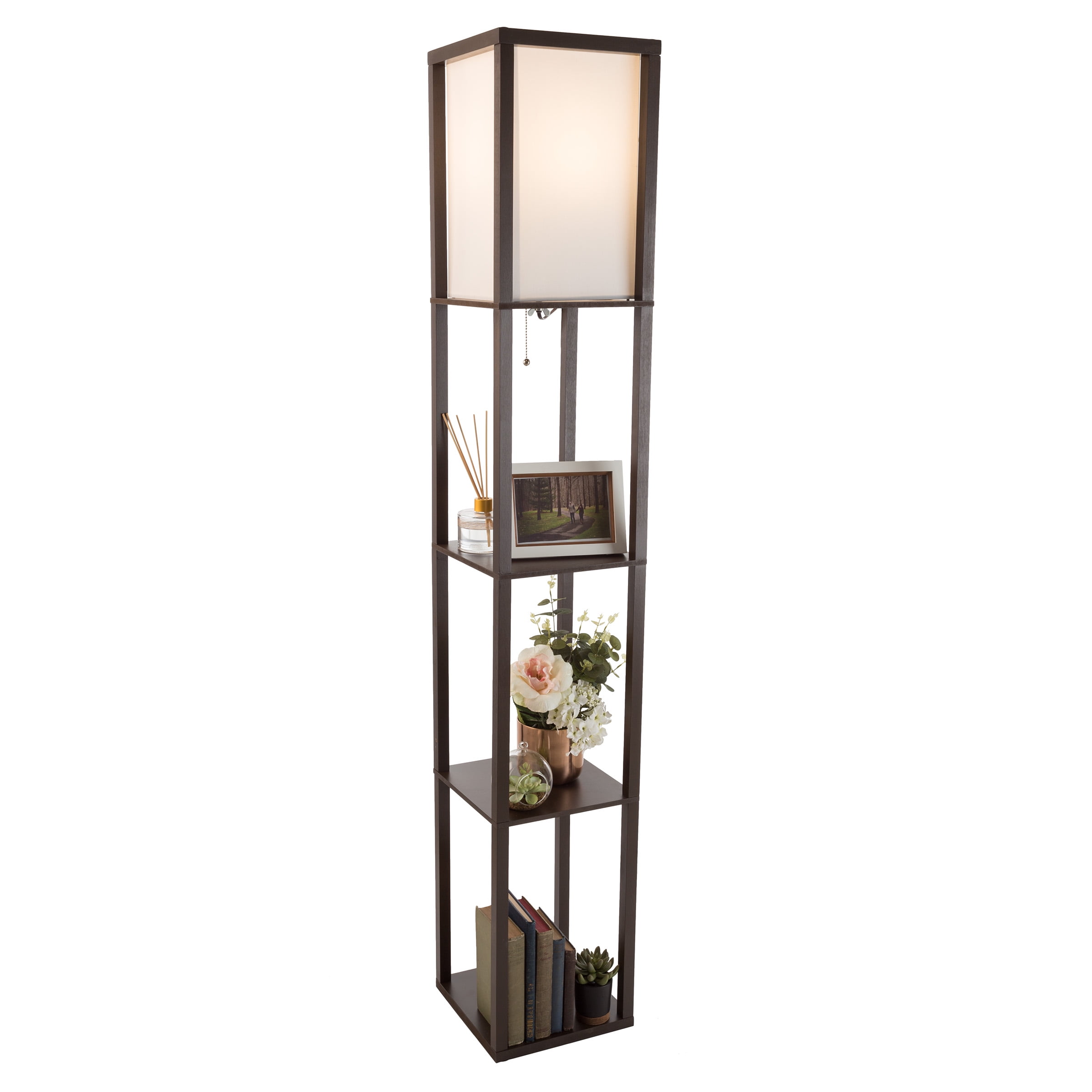 Lavish Home 62-inch Etagere LED Floor Lamp with 3 Tiers of Storage Shelving, Brown