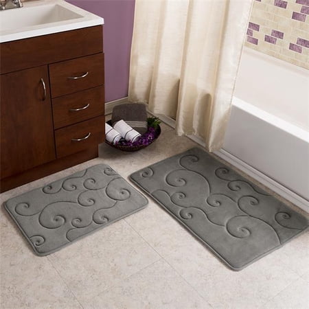 Lavish Home 67-0034-P Coral Fleece Embossed Pattern Memory Foam Bath Mat, Platinum - 2 Piece