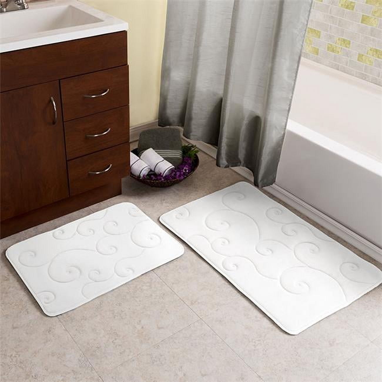 White Coral Fleece Memory Foam Bath Mat Set
