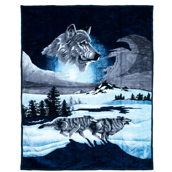 Lavish Home 74x91-inch Printed Winter Wolf Blanket Faux Mink Queen Throw for Couch, Sofa, or Bed