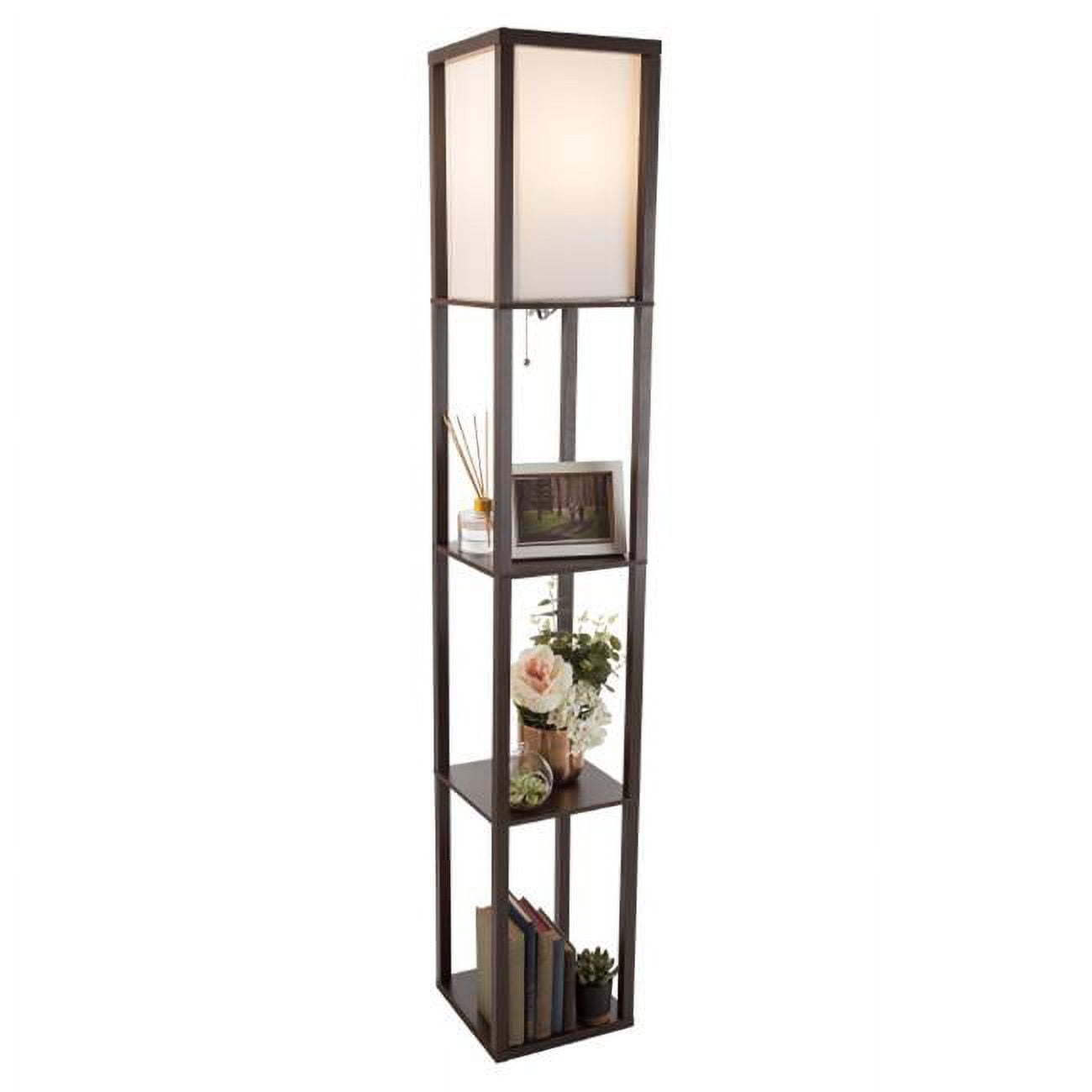 Modern Etagere Floor Lamp with White Shade and Brown Storage Shelving