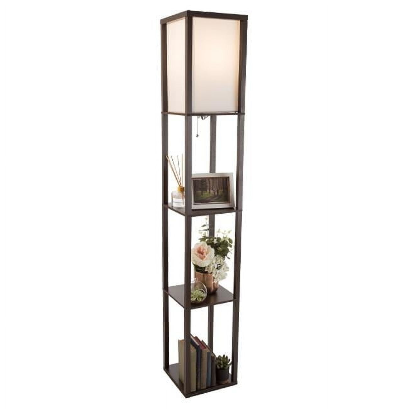 Modern Etagere Floor Lamp with White Shade and Brown Storage Shelving