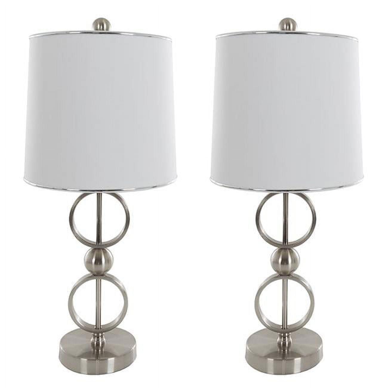 Modern Brushed Steel Table Lamps with White Drum Shades, Set of 2