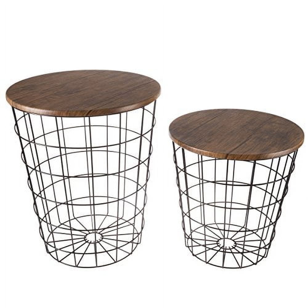 Round Wood and Metal Nesting Side Tables with Storage