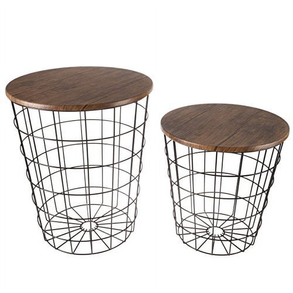 Round Wood and Metal Nesting Side Tables with Storage