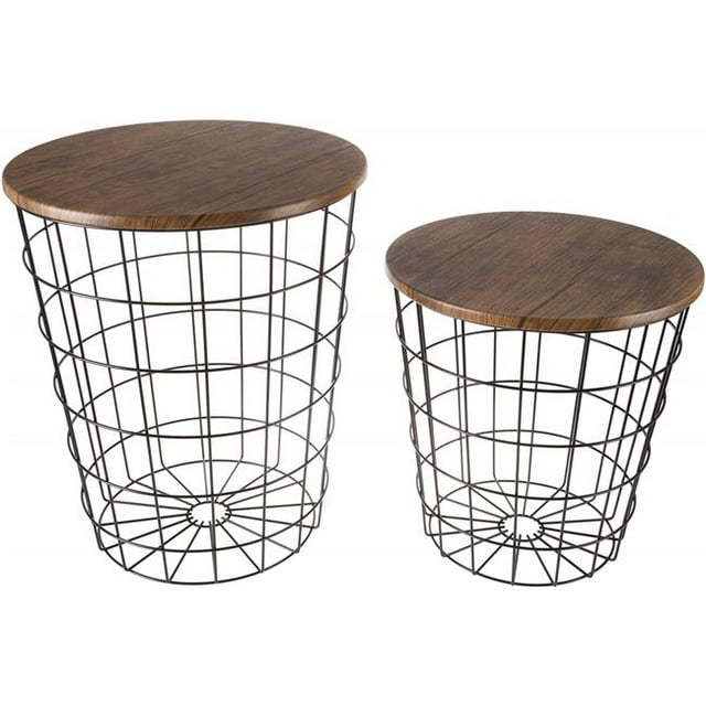 Lavish Home Nesting End Storage Convertible Round Metal Basket Wood