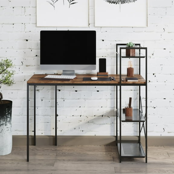Lavish Home All-in-One Computer Desk with Shelves, Wooden Top and Metal Legs, Brown/Black