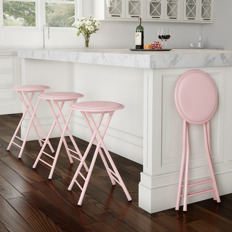 Trademark Home Foldable Metal Bar Stools 24 Inch Counter Height 225lbs Capacity Set of 4 Pink