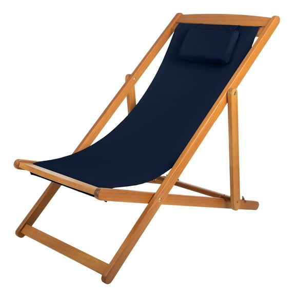 Lavish Home Adjustable Beach Lounge Chair for Patio – Folding Sling Recliner with Pillow & Wood Frame, Blue