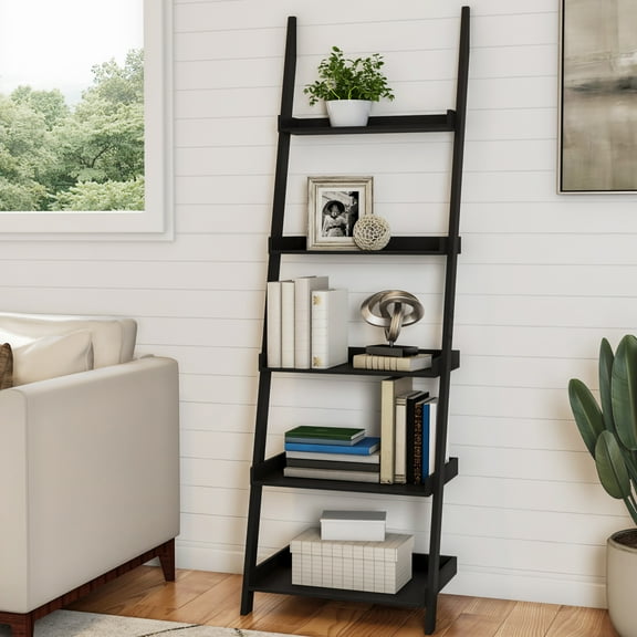Lavish Home Bookshelf - 5-Tier Ladder Shelf with Leaning Look - Bookcase for Home Decor and Office Storage - Freestanding Book Shelves, White