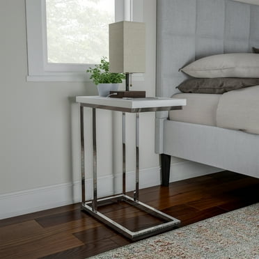 Lavish Home C-Shaped Sofa Side Table - Modern End Table, Laptop Tray, or Compact Bedside Nightstand, White/Silver