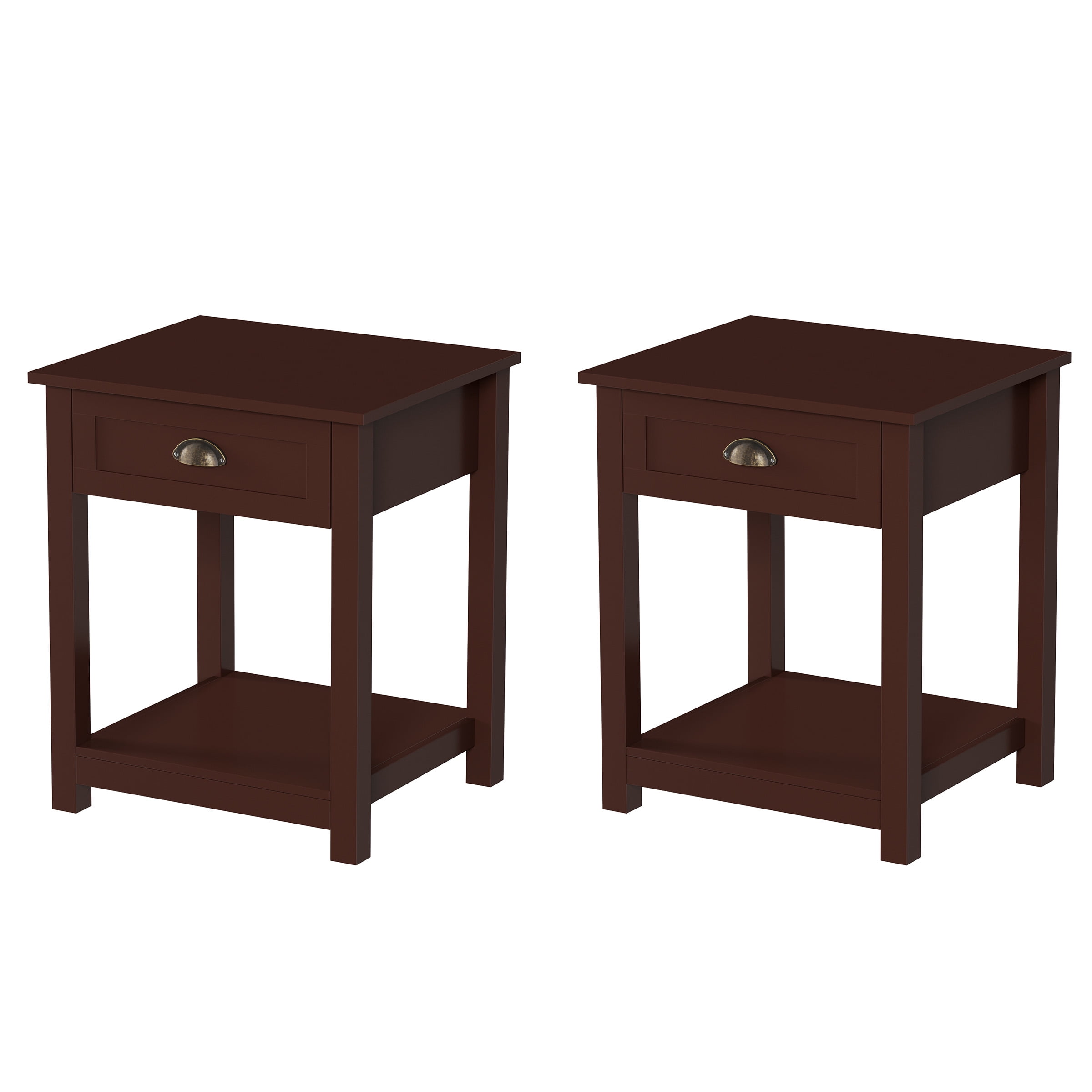 Umber Brown Shaker Style End Tables with Drawer and Shelf, Set of 2