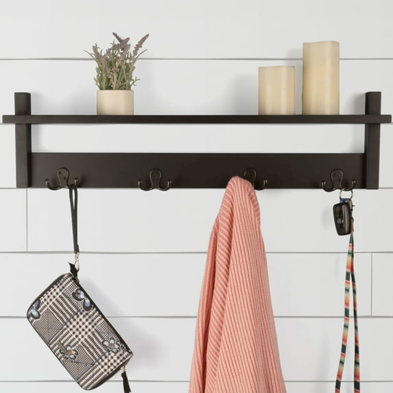 Lavish Home Coat Rack with Shelf - Wall Mount Shelf with 4 Hooks (Black)