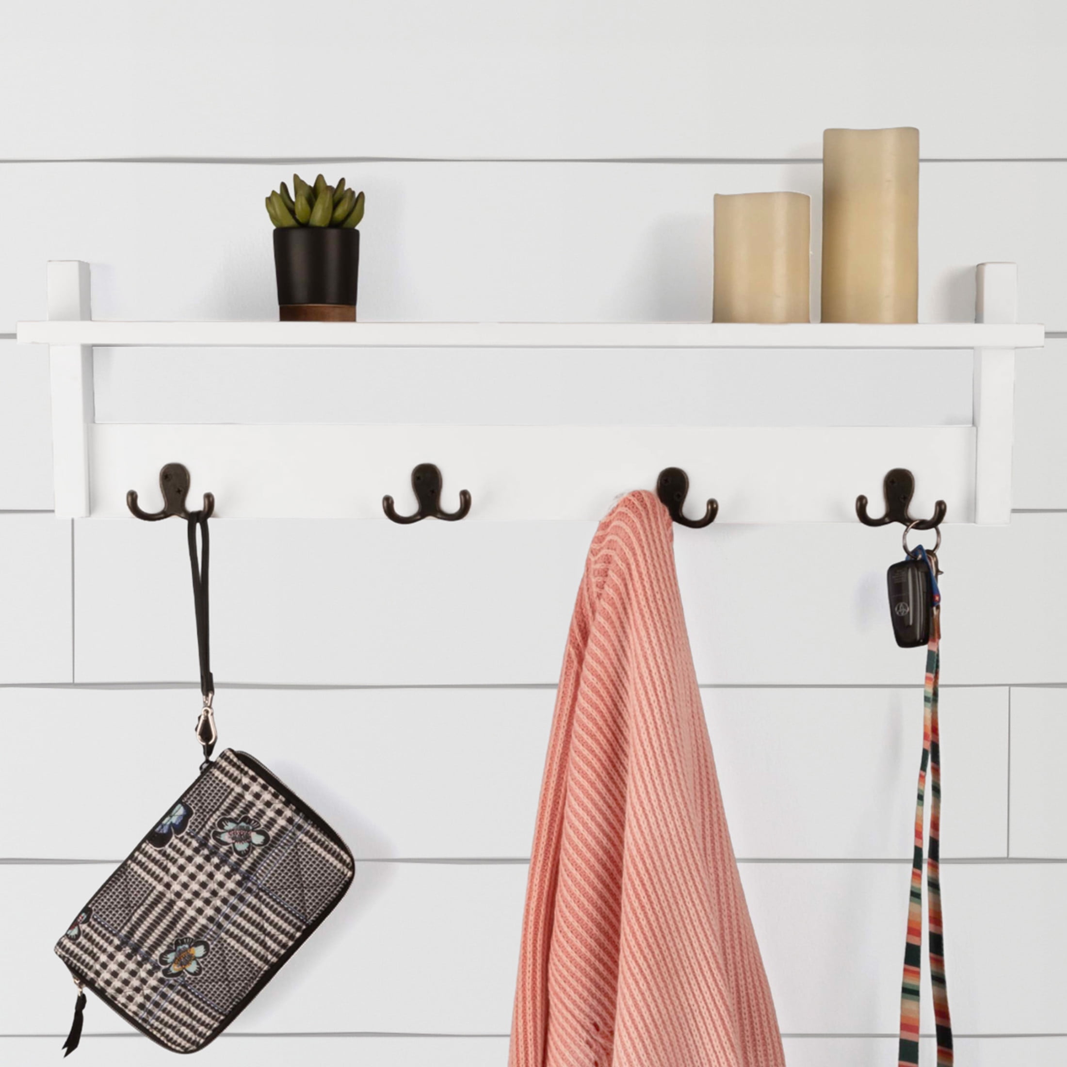 Lavish Home Coat Rack with Shelf - Wall Mount Shelf with 4 Hooks (White)