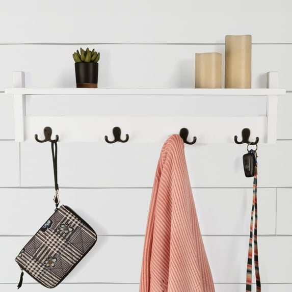 Lavish Home Coat Rack with Shelf - Wall Mount Shelf with 4 Hooks (White)