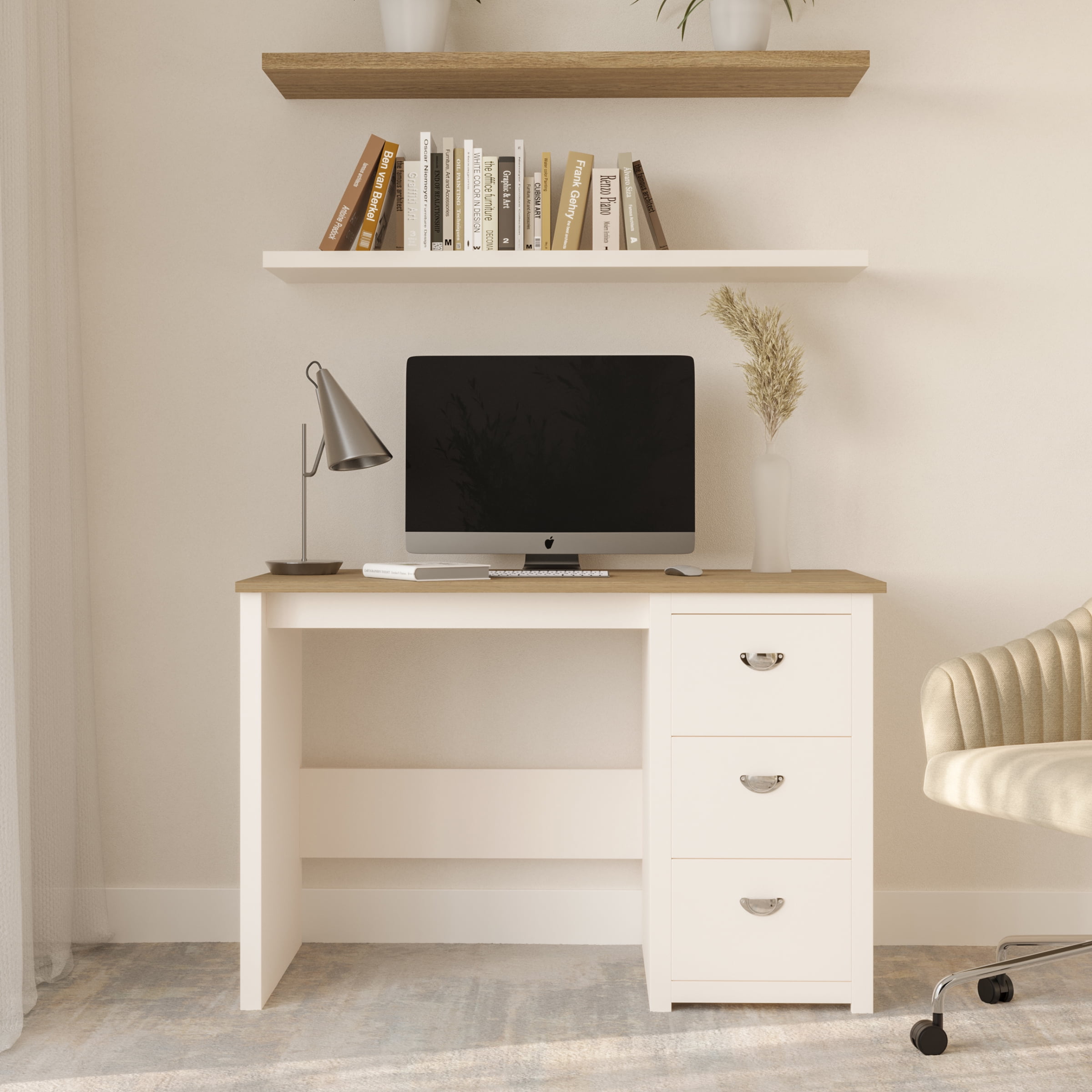 Lavish Home Computer Desk with Attached 3 Drawer File Cabinet White