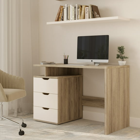 Lavish Home Computer Desk with Attached 3-Drawer File Cabinet (White)