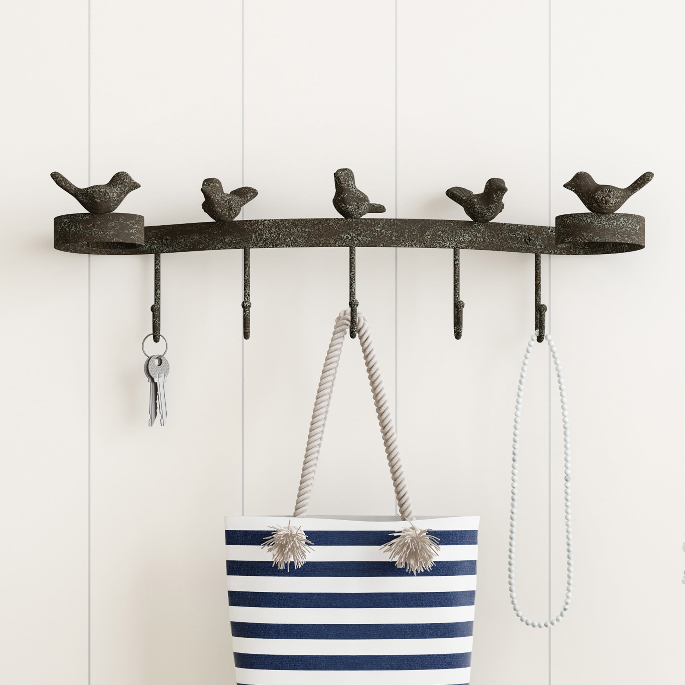 Lavish Home Decorative Birds on Ribbon Hook, Cast Iron Shabby Chic