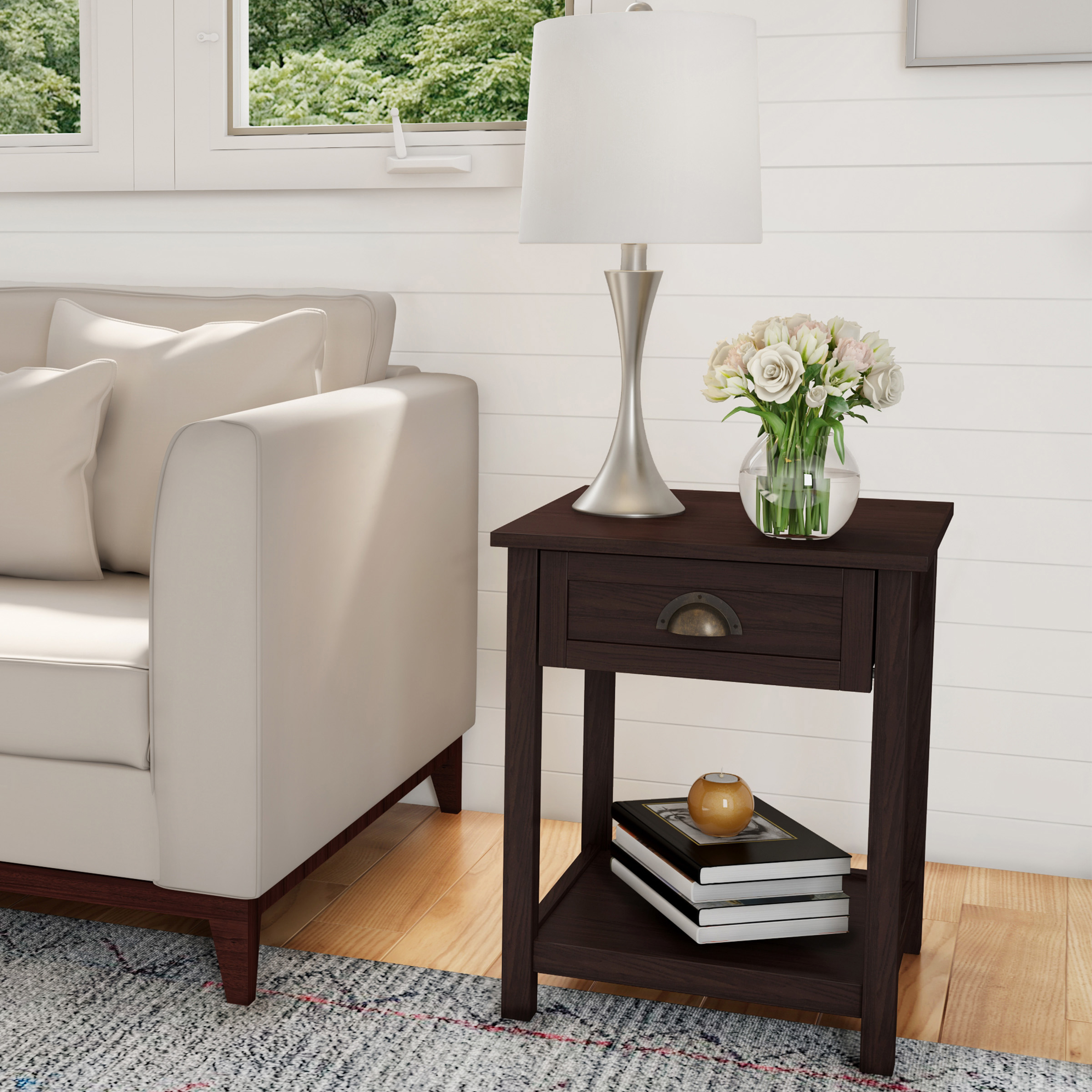 Lavish Home End Table with Drawer- Sofa Side Table with Storage Shelf (Brown)