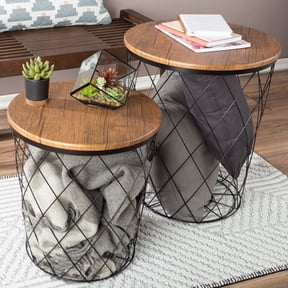 Lavish Home End Table with Storage – Round Wire Basket Base Nesting Tables, Set of 2
