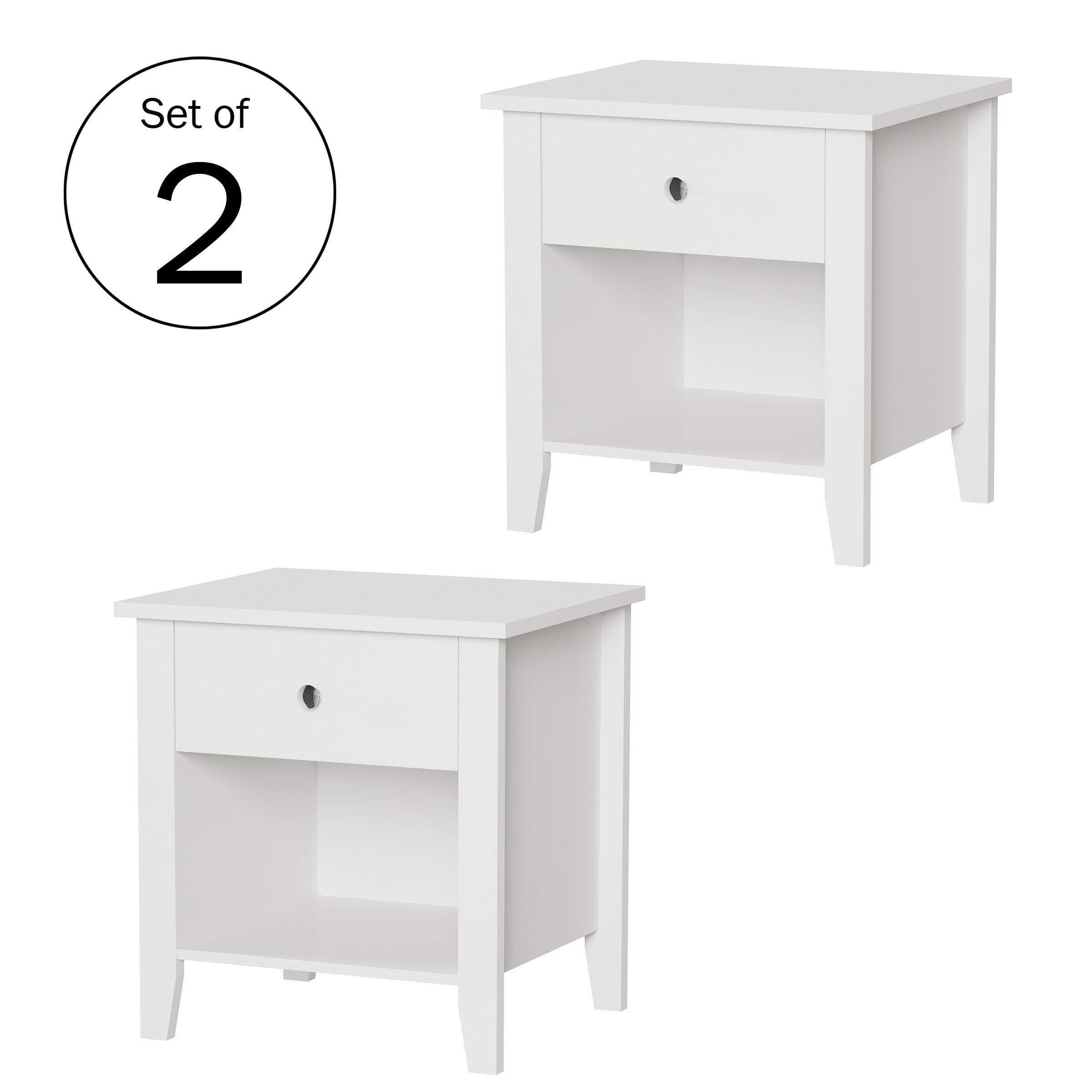 White Manufactured Wood End Tables with Drawer and Storage Shelf, Set of 2