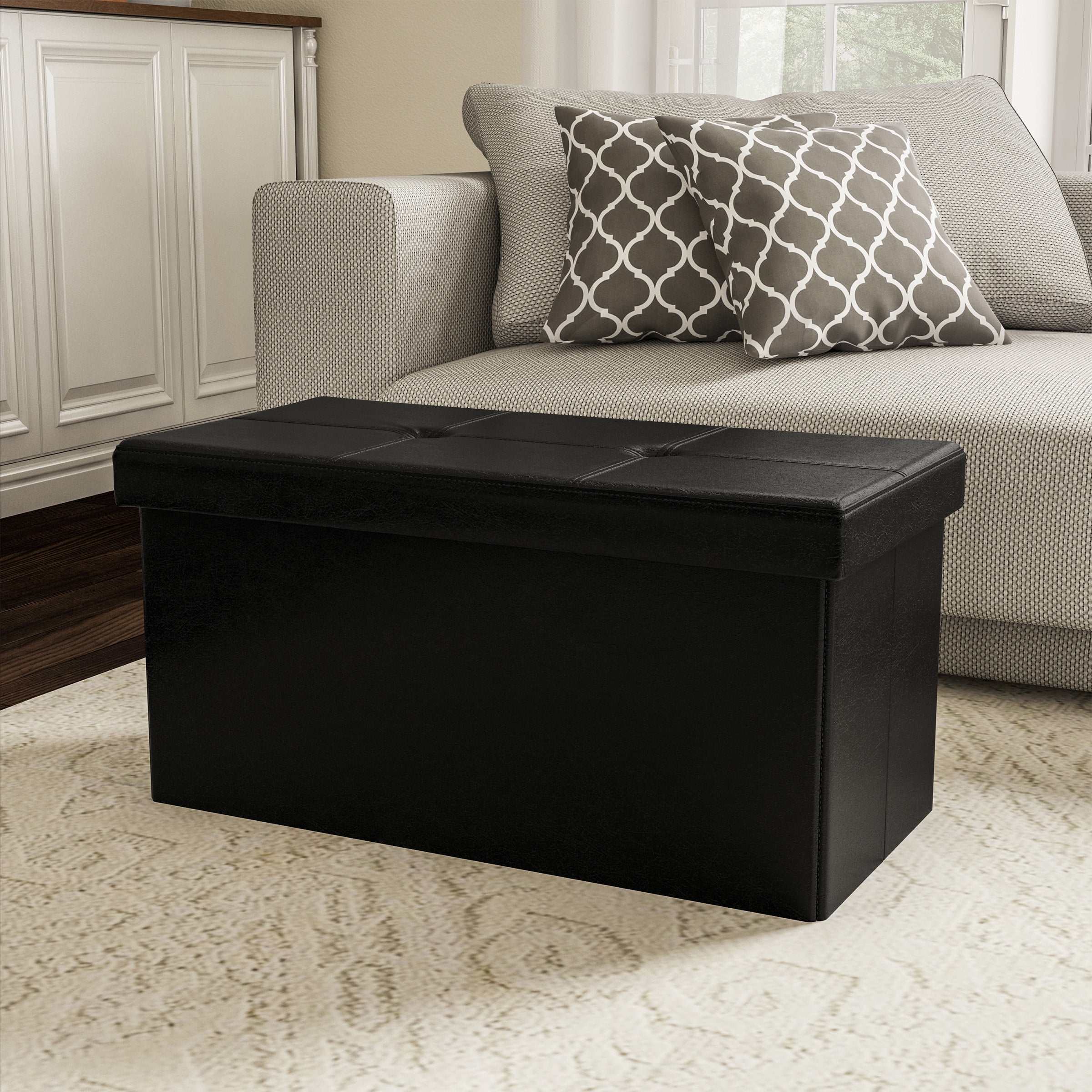 Lavish Home Faux Leather Folding Storage Ottoman with Removable Bin Black