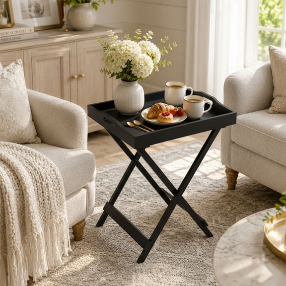 Lavish Home Folding End Table with Removable Tray, Black