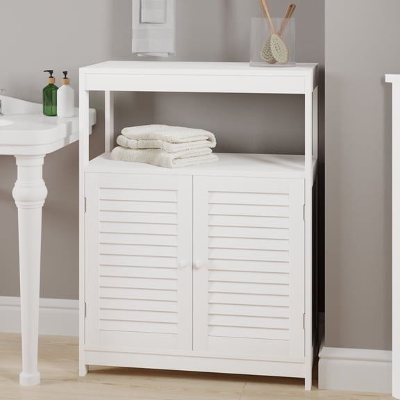 Storage Cabinet with Double Doors - Freestanding Kitchen, Laundry Room, or Restroom Organizer with Cupboard and Open Shelf by Lavish Home (White)