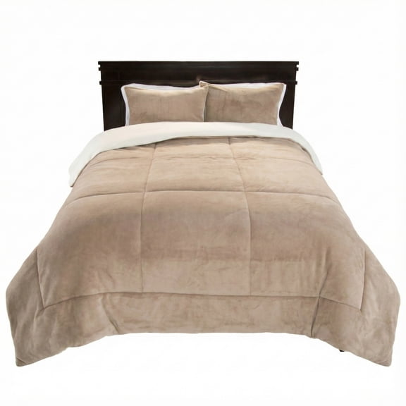 Lavish Home Full/Queen Comforter Set - 3-Piece Sherpa and Fleece Bedspread with Pillow Shams Bedding Comforter Set, Taupe