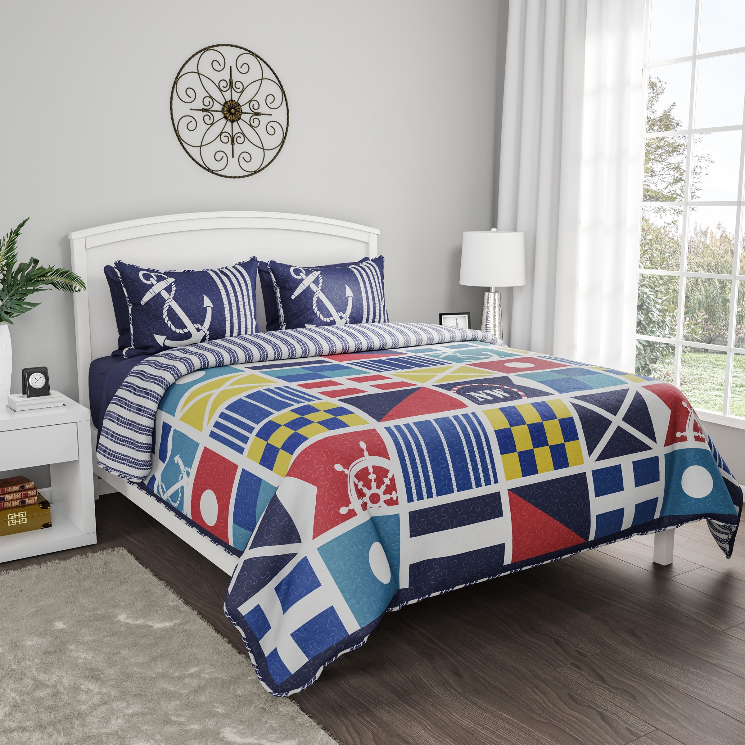 Full/Queen Coastal-Themed Reversible Quilt Set with Nautical Flags