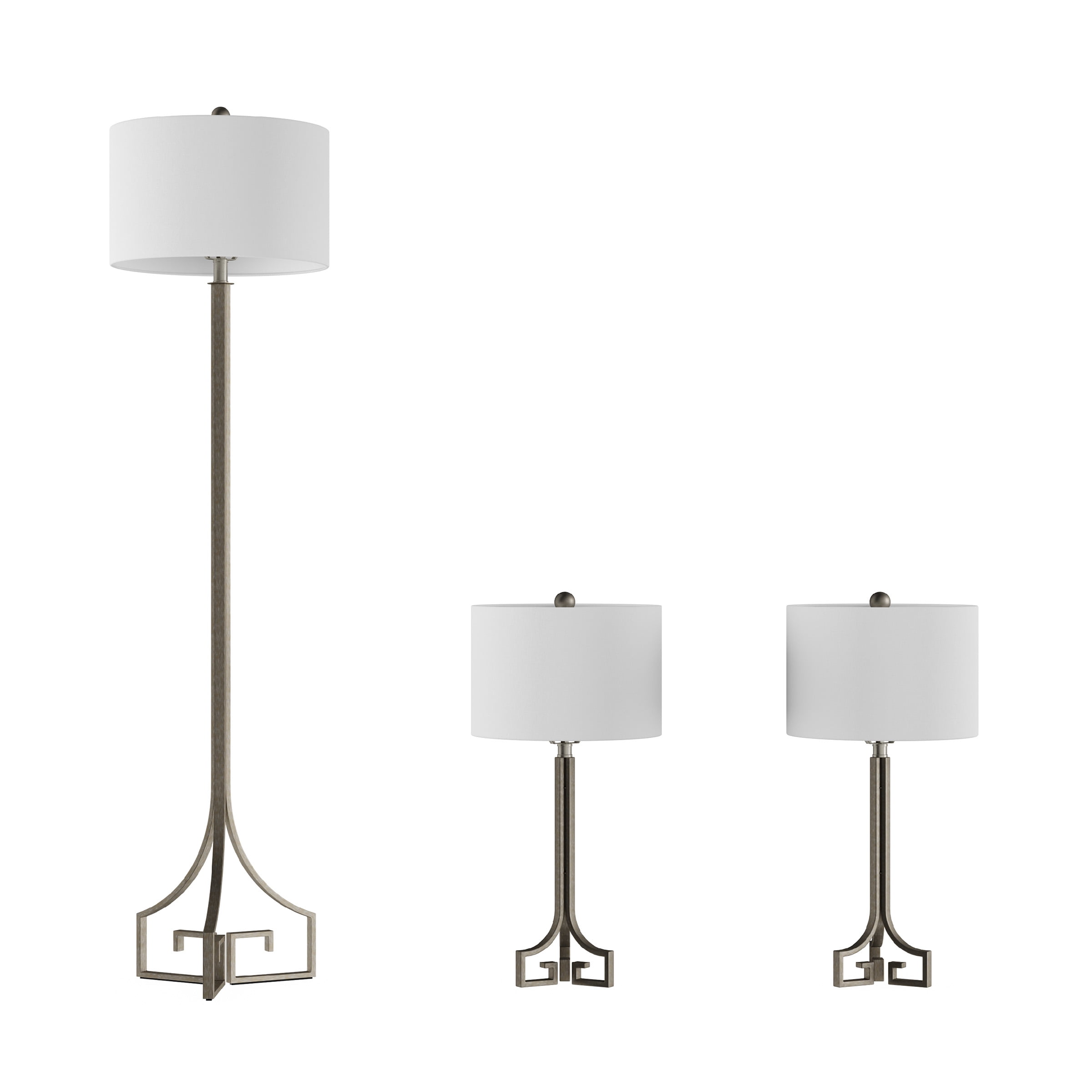 Lavish Home - Greek Key Table and Floor Lamps -Set of 3 Modern Lights with Led Bulbs - Silver