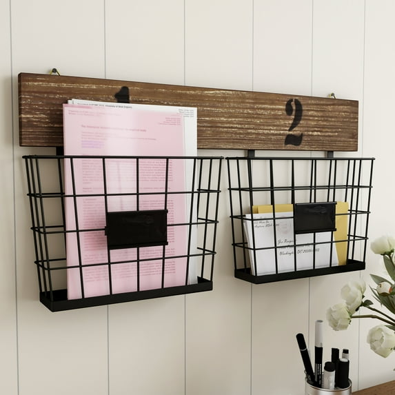 Lavish Home Hanging Double Wire Basket Organizer- Wall Mount Storage, Rustic Style Multi-Use Bin