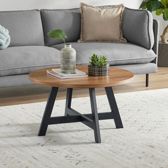 Lavish Home Industrial Modern Round Coffee Table with Metal Base, Walnut