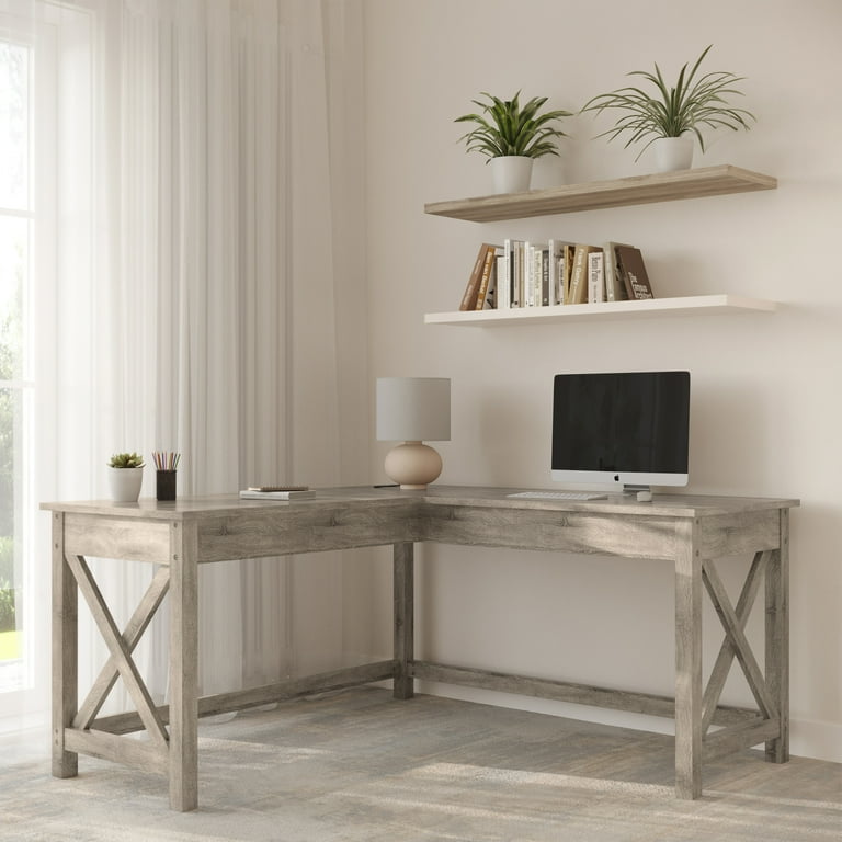 Lavish Home 59 L Shaped Farmhouse Style Desk for Home Office in Light Gray Oak Finish Walmart