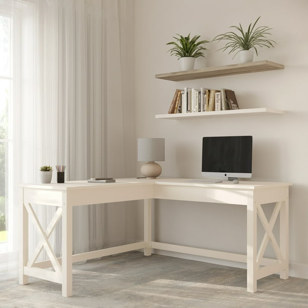 Lavish Home 59 L Shaped Modern Farmhouse Style Desk with Return for Home Office in White Lacquer Finish