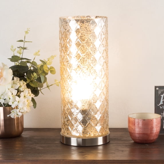 Lavish Home LED Uplight Table Lamp with Silver Mercury Finish and Embossed Trellis Pattern
