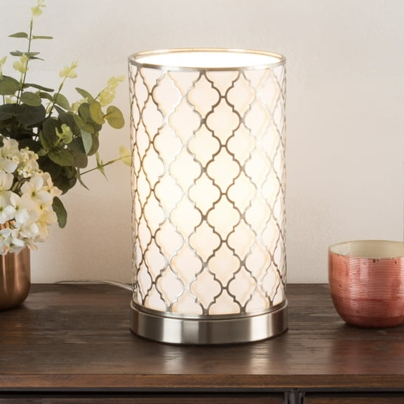Lavish Home LED Uplight Table Lamp with Steel Finish, Fabric Overwrap, Laser Cut Quatrefoil Pattern