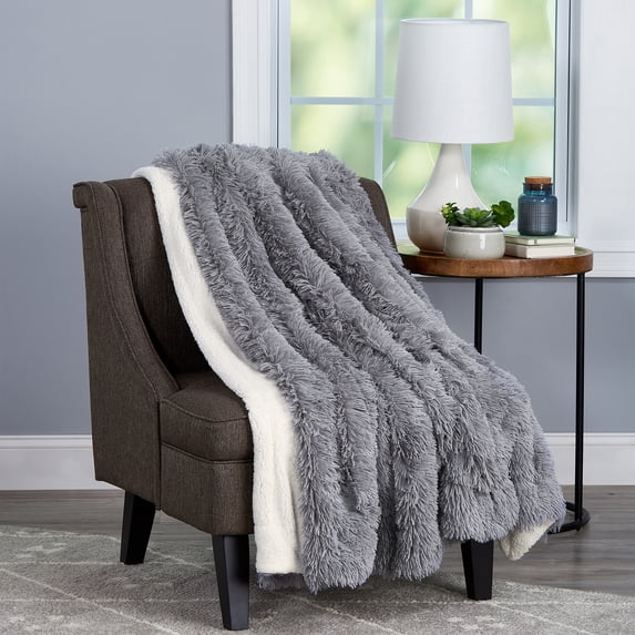 Lavish Home Long Pile Faux Rabbit Fur and Sherpa Throw Blanket for Adult (Gray) 60”x70”