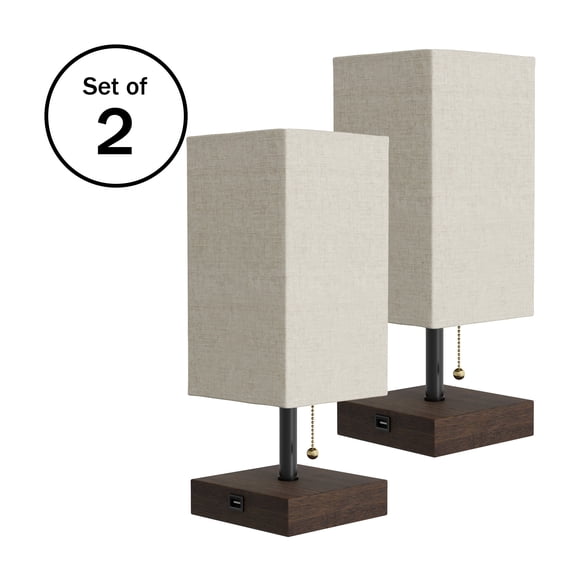 Lavish Home Modern Rectangular Bedside Table Lamps, Set of 2 with Wood Base