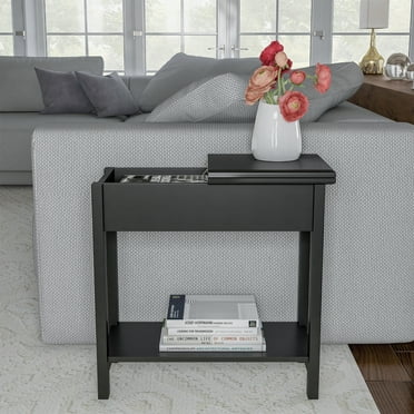 Lavish Home Narrow End Table with Storage Compartment and Shelf (Black)