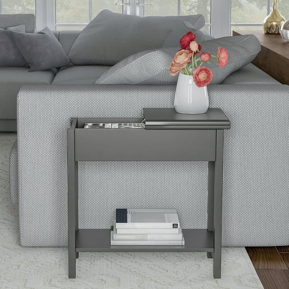 Lavish Home Narrow Sofa Console or End Table with Flip-Top Storage Compartment and Shelf (Gray)